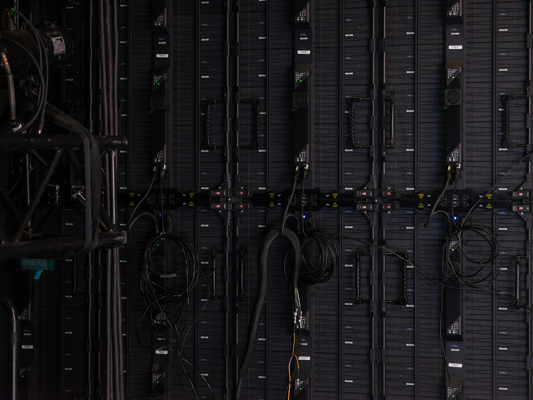 Close-up of connected cables and modular technology panels